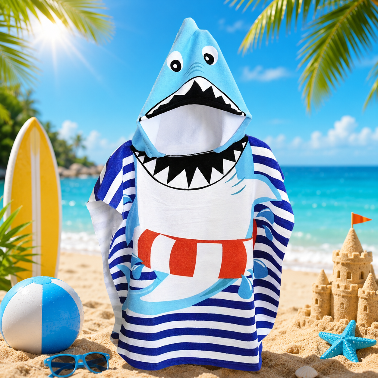 hooded beach and pool towel, kids swim poncho, wearable towel, beach cover-up, pool towel, bath poncho, cartoon beach towel, machine washable towel, quick-drying cover-up, soft hooded towel,